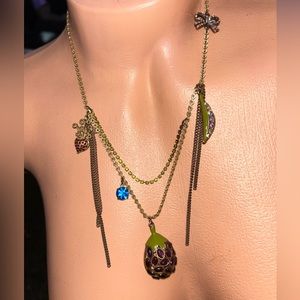 Vintage Betsey Johnson necklace grape vtg rhinestone pod bow crystal charms N148